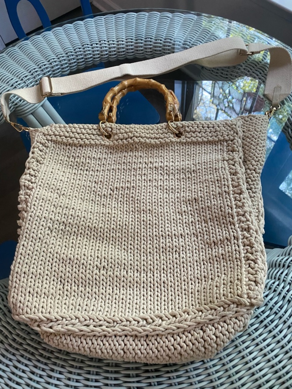 Mersea brand Cream  cotton Knit Tote with Bamboo Handles and Removable Strap
